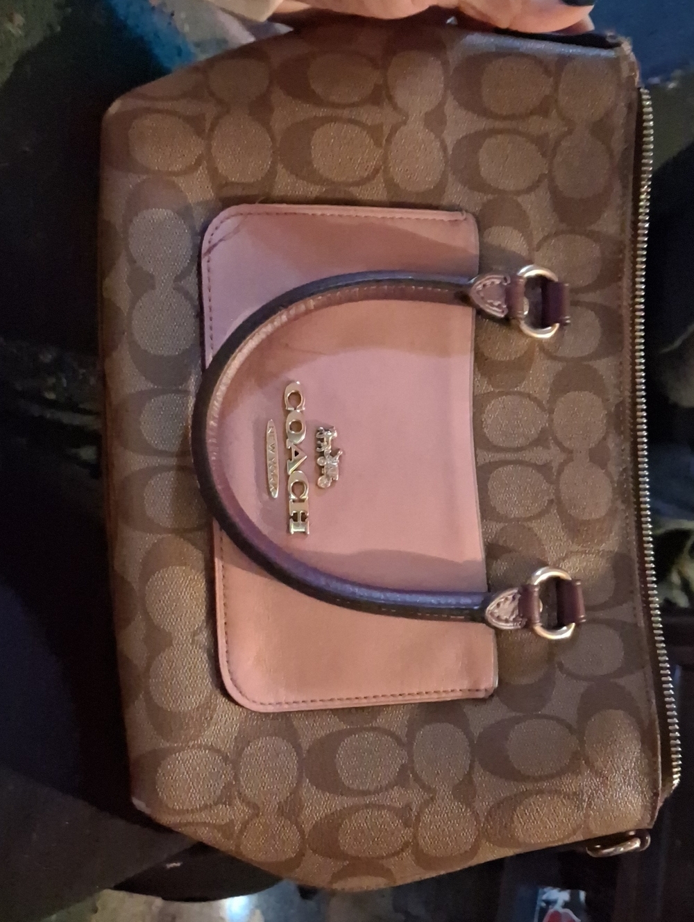 Coach Brown Signature Canvas Shoulder Bag with Pink Front Pocket